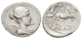 T. CARISIUS, 46 BC. AR, Denarius. Rome.
Obv: Draped and winged bust of Victory, right.
Rev: T CARISI.
Victory driving biga, right, holding reins an...