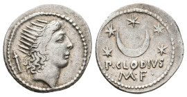 P. CLODIUS M.F. TURRINUS. 42 BC. AR, Denarius. Rome.
Obv: Radiate head of Sol right; quiver to left.
Rev: P CLODIVS / M F.
Crescent surrounded by f...