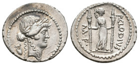 P. CLODIUS M.F. TURRINUS, 42 BC. AR, Denarius. Rome.
Obv: Laureate head of Apollo right; lyre to left.
Rev: P CLODIVS M F.
Diana standing right, ho...