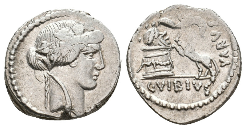 C. VIBIUS VARUS. Denarius, 42 BC. Rome.
Obv: Head of Bacchus, wearing ivy wreat...