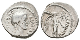 OCTAVIAN, 42 BC. AR, Denarius. Rome. L. Livineius Regulus, moneyer.
Obv: C CAESAR III VIR R P C.
Bare head of Octavian, right.
Rev: L LIVINEIVS / R...