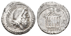 PETILLIUS CAPITOLINUS, 41 BC. AR, Denarius. Rome.
Obv: CAPITOLINVS.
Bare head of bearded Jupiter, right.
Rev: PETILLIVS.
The Capitoline temple of ...