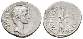 OCTAVIAN, 40 BC. AR, Denarius. Military mint traveling with Octavian in Italy.
Obv: C CAESAR III VIR R P C.
Bare head of Octavian, right.
Rev: Q SA...