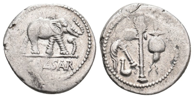 JULIUS CAESAR, 49 BC. AR, Denarius. Military mint traveling with Caesar.
Obv: C...