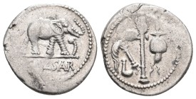 JULIUS CAESAR, 49 BC. AR, Denarius. Military mint traveling with Caesar.
Obv: CAESAR.
Elephant advancing right, trampling upon horned serpent.
Rev:...