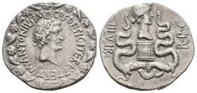 MARK ANTONY with OCTAVIA, 39 BC. AR, Cistophorus. Ephesus.
Obv: M ANTONIVS IMP COS DESIG ITER ET TERT.
Head of Mark Antony right, wearing ivy wreath...