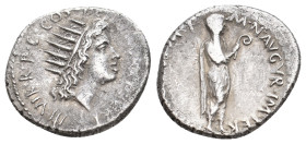 MARC ANTONY, 38-37 BC. AR, Denarius. Athens.
Obv: III VIR R P C COS DESIG ITER ET TERT.
Radiate bust of Sol, right.
Rev: M ANTONIVS M F M N AVGVR I...