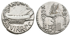 MARK ANTONY. 32-31 BC. AR, Denarius. Military mint travelling with Mark Antony.
Obv: ANT AVG III VIR R P C.
Galley right, with sceptre tied with fil...