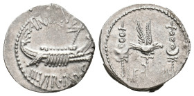 MARK ANTONY. 32-31 BC. AR, Denarius. Military mint travelling with Mark Antony.
Obv: ANT AVG III VIR R P C.
Galley right, with sceptre tied with fil...