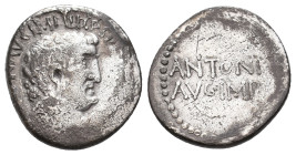 MARK ANTONY, 32 BC. AR, Denarius. Athens.
Obv: ANTON AVG IMP III COS DES III V R P C.
Bare head of Mark Antony, right.
Rev: ANTONIVS / AVG IMP III....