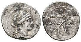 OCTAVIAN, 32-31 BC. AR, Denarius. Italian mint.
Obv: Diademed head of Venus, right.
Rev: CAESAR DIVI F.
Octavian advancing, left; holding spear and...