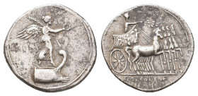 OCTAVIAN, 30 BC. AR, Denarius. Uncertain Italian mint, possibly Rome.
Obv: IMP CAESAR.
Octavian driving triumphal quadriga right, holding branch and...