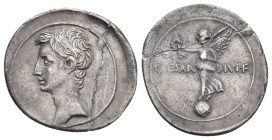 OCTAVIAN, 31-30 BC. AR, Denarius. Italian mint (Rome?).
Obv: Bare head of Augustus, left.
Rev: CAESAR DIVI F.
Victory standing left on globe, holdi...