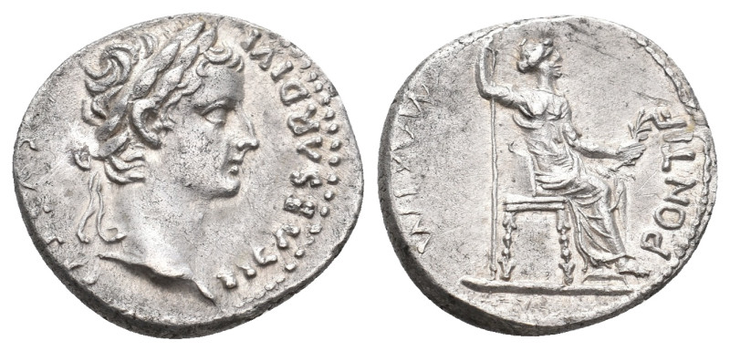 TIBERIUS, 14-37 AD. AR, Denarius. "Tribute Penny" type. Lugdunum.
Obv: TI CAESA...