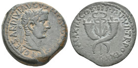 TIBERIUS, 14-37 AD. AE, Dupondius. Commagene.
Obv: TI CAESAR DIVI AVGVSTI F AVGVSTVS.
Laureate head of Tiberius, right.
Rev: PONT MAXIM COS III IMP...