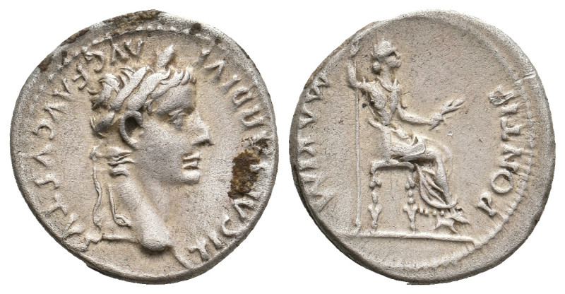 TIBERIUS, 14-37 AD. AR, Denarius. "Tribute Penny" type. Lugdunum.
Obv: TI CAESA...