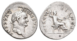 VESPASIAN, 69-79 AD. AR, Denarius. Rome.
Obv: [IMP] CAES VESP AVG CENS.
Laureate head of Vespasian, right.
Rev: PONTIF MAXIM.
Vespasian seated rig...