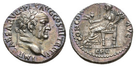 VESPASIAN, 69-79 AD. AR, Denarius. Ephesus.
Obv: IMP CAESAR VESPAS AVG COS III TR P P P.
Laureate head of Vespasian, right.
Rev: CONCORDIA AVG EPE....