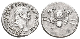 DIVUS VESPASIAN, Died 79 AD. AR, Denarius. Rome.
Obv: DIVVS AVGVSTVS VESPASIANVS.
Laureate head of Vespasian, right.
Rev: Foreparts of two capricor...