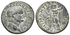VESPASIAN, 69-79 AD. AE, As. Rome.
Obv: IMP CAES VESPASIAN AVG […].
Laureate head of Vespasian, right.
Rev: PONT MAX TR P POT […], S C.
Jupiter st...