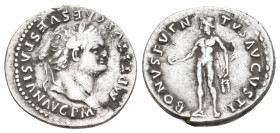 TITUS, 79-81 AD. AR, Denarius. Rome.
Obv: IMP TITVS CAES VESPASIAN AVG PM.
Laureate head of Titus, right.
Rev: BONVS EVENTVS AVGVSTI.
Bonus Eventu...