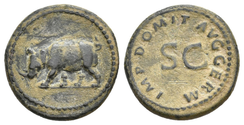 DOMITIAN, 81-96 AD. AE. Rome.
Obv: Rhinoceros walking left.
Rev: IMP DOMIT AVG...