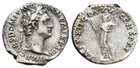 DOMITIAN, 81-96 AD. AR, Denarius. Rome.
Obv: IMP CAES DOMIT AVG GERM P M TR P X III.
Laureate head of Domitian, right.
Rev: IMP XXII COS XVI CENS P...