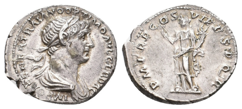 TRAJAN, 98-117 AD. AR, Denarius. Rome.
Obv: IMP CAES NER TRAIANO OPTIMO AVG GER...