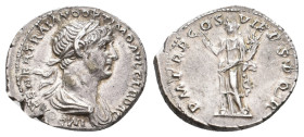 TRAJAN, 98-117 AD. AR, Denarius. Rome.
Obv: IMP CAES NER TRAIANO OPTIMO AVG GER DAC.
Laureate and draped bust of Trajan, right.
Rev: P M TR P COS V...