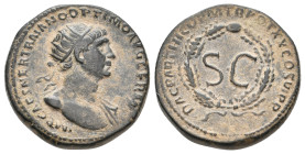 TRAJAN, 98-117 AD. AE, As. Rome, for use in Syria.
Obv: IMP CAES NER TRAIANO OPTIMO AVG GERM.
Radiate, draped and cuirassed bust right.
Rev: DAC PA...
