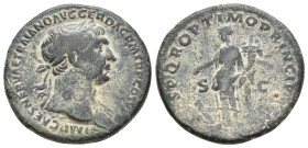 TRAJAN, 98-117 AD. AE, As. Rome.
Obv: IMP CAES NERVAE TRAIANO AVG GER DAC P M TR P COS V P P.
Laureate bust of Trajan, right, slight drapery on far ...