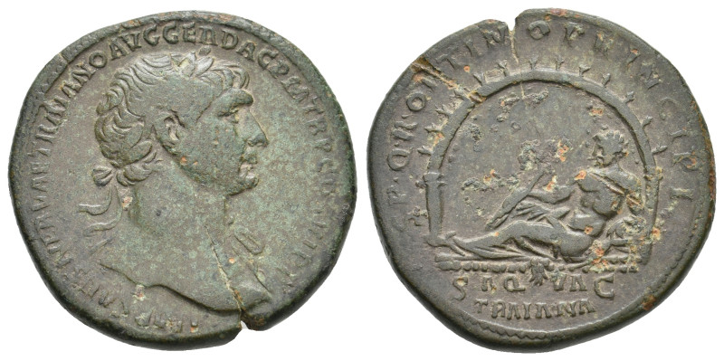 TRAJAN, 98-117 AD. AE, Sestertius. Rome.
Obv: IMP CAES NERVAE TRAIANO AVG GER D...