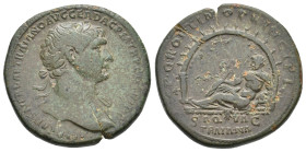 TRAJAN, 98-117 AD. AE, Sestertius. Rome.
Obv: IMP CAES NERVAE TRAIANO AVG GER DAC P M TR P COS III P P.
Laureate head of Trajan, right; slight drape...