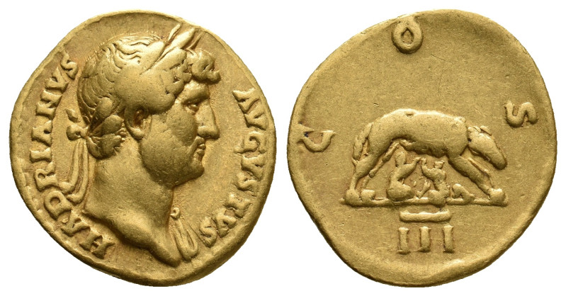 HADRIAN, 117-138 AD. AV, Aureus. Rome.
Obv: HADRIANVS AVGVSTVS.
Laureate head ...