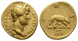 HADRIAN, 117-138 AD. AV, Aureus. Rome.
Obv: HADRIANVS AVGVSTVS.
Laureate head of Hadrian, right, with slight drapery.
Rev: COS III.
She-wolf stand...