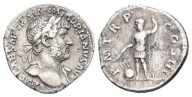 HADRIAN, 117-138 AD. AR, Denarius. Rome.
Obv: IMP CAESAR TRAIAN HADRIANVS AVG.
Bust of Hadrian, laureate and draped, right.
Rev: P M TR P COS III....