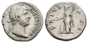 HADRIAN, 117-138 AD. AR, Denarius. Rome.
Obv: HADRIANVS AVG COS III P P.
Laureate head of Hadrian, right.
Rev: SALVS AVG.
Salus standing left, hol...