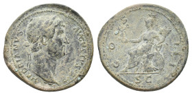 HADRIAN, 117-138 AD. AE, Sestertius. Rome.
Obv: HADRIANVS AVGVSTVS.
Laureate and draped head of Hadrian, right.
Rev: COS III / S C.
Roma seated le...