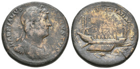 HADRIAN, 117-138 AD. AE, Sestertius. Rome.
Obv: HADRIANVS AVGVSTVS.
Laureate and draped bust of Hadrian, right.
Rev: FELICITATI AVG, S – C.
Galley...