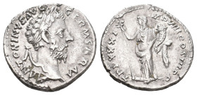 MARCUS AURELIUS, 161-180 AD. Denarius. Rome.
Obv: M ANTONINVS AVG GERM SARM.
Laureate head of Marcus Aurelius, right.
Rev: TR P XXXI IMP VIII COS I...