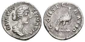 DIVA FAUSTINA II, Died 175/6 AD. AR, Denarius. Rome.
Obv: DIVA FAVSTINA PIA.
Draped bust of Faustina, right.
Rev: CONSECRATIO.
Peacock advancing r...