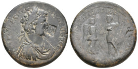SEPTIMIUS SEVERUS, 193-211 AD. AE, Sestertius. Rome?
Obv: Bust of Septimius Severus, right; cmk: Uncertain.
Rev: Victoria and the emperor stand faci...