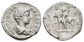 GETA Caesar, 198-209 AD. AR, Denarius. Rome.
Obv: P SEPT GETA CAES PONT.
Bareheaded, draped and cuirassed bust of Geta, right.
Rev: CASTOR.
Castor...