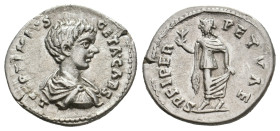 GETA, 209-211 AD. AR, Denarius. Laodicea.
Obv: L SEPTIMIVS GETA CAES.
Bare headed, draped and cuirassed bust of Geta, right.
Rev: SPEI PERPETVAE.
...