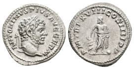 CARACALLA, 197-217 AD. AR, Denarius. Rome.
Obv: ANTONINVS PIVS AVG GERM.
Laureate head of Caracalla, right.
Rev: PM TR P XVIII COS IIII P P.
Askle...
