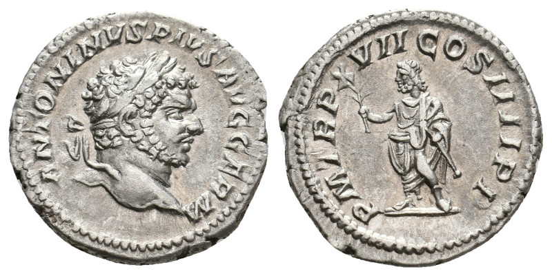 CARACALLA, 198-217 AD. AR, Denarius. Rome.
Obv: ANTONINVS PIVS AVG GERM.
Laure...