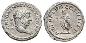 CARACALLA, 198-217 AD. AR, Denarius. Rome.
Obv: ANTONINVS PIVS AVG GERM.
Laureate head of Caracalla, right.
Rev: P M TR P XVII COS IIII P P.
Hercu...