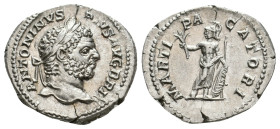 CARACALLA, 197-217 AD. AR, Denarius. Rome.
Obv: ANTONINVS PIVS AVG BRIT.
Laureate head of Caracalla, right.
Rev: MARTI PACATORI.
Mars standing fac...
