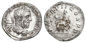 MACRINUS, 217-218 AD. AR, Denarius. Rome.
Obv: IMP C M OPEL SEV MACRINVS AVG.
Laureate and draped bust of Macrinus, right.
Rev: P M TR P II COS P P...