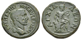 THRACE, Anchialus. Maximinus, 235-238 AD. AE.
Obv: ΑΥΤ ΜΑΞΙΜΕΙΝΟC ΕΥⳞΕΒΗC ΑΥΓ.
Laureate head of Maximinus, right.
Rev: ΑΓΧΙΑΛΕΩΝ.
Hermes seated on...